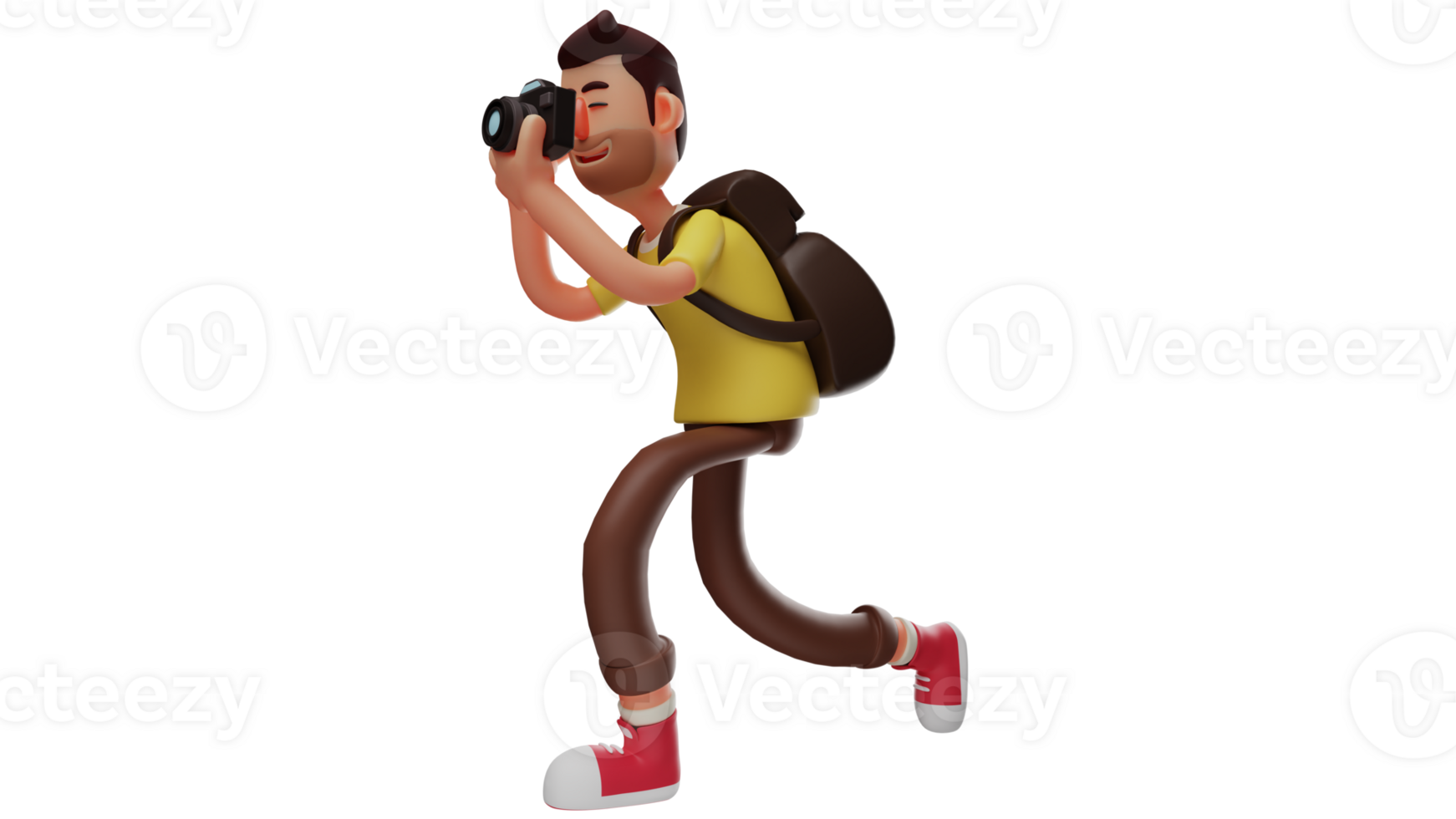 3D illustration. Handsome photographer 3D cartoon character. A photographer who is taking a photo of something using his camera. Young photographer doing his job. 3D cartoon character png
