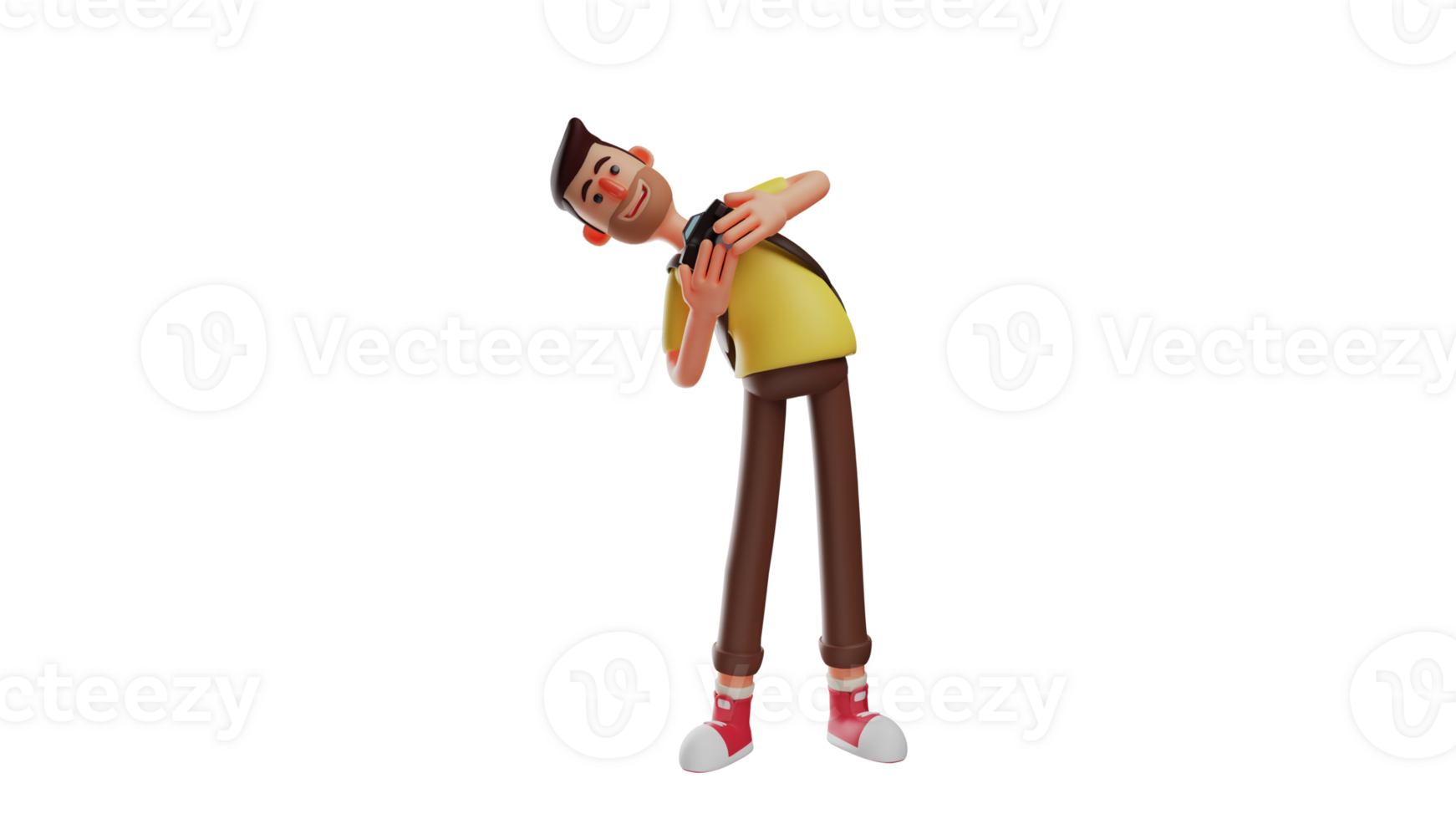 3D illustration. Young Man 3D cartoon character. Happy young people looking at his photos. Cool guy who has a hobby of photography. Cute photographer bending his body to the side. 3D cartoon character png