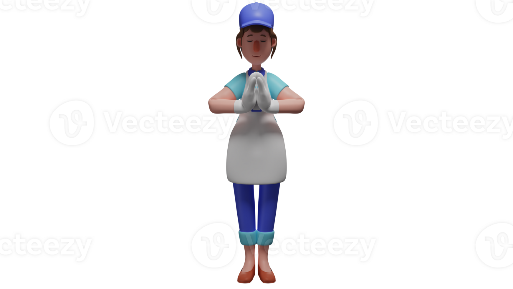 3D illustration. Obedient servant 3D cartoon character. Waiter stood up while lowering her face. Maid cupped his hands in front of his chest and looked sorry for making a mistake. 3D cartoon character png