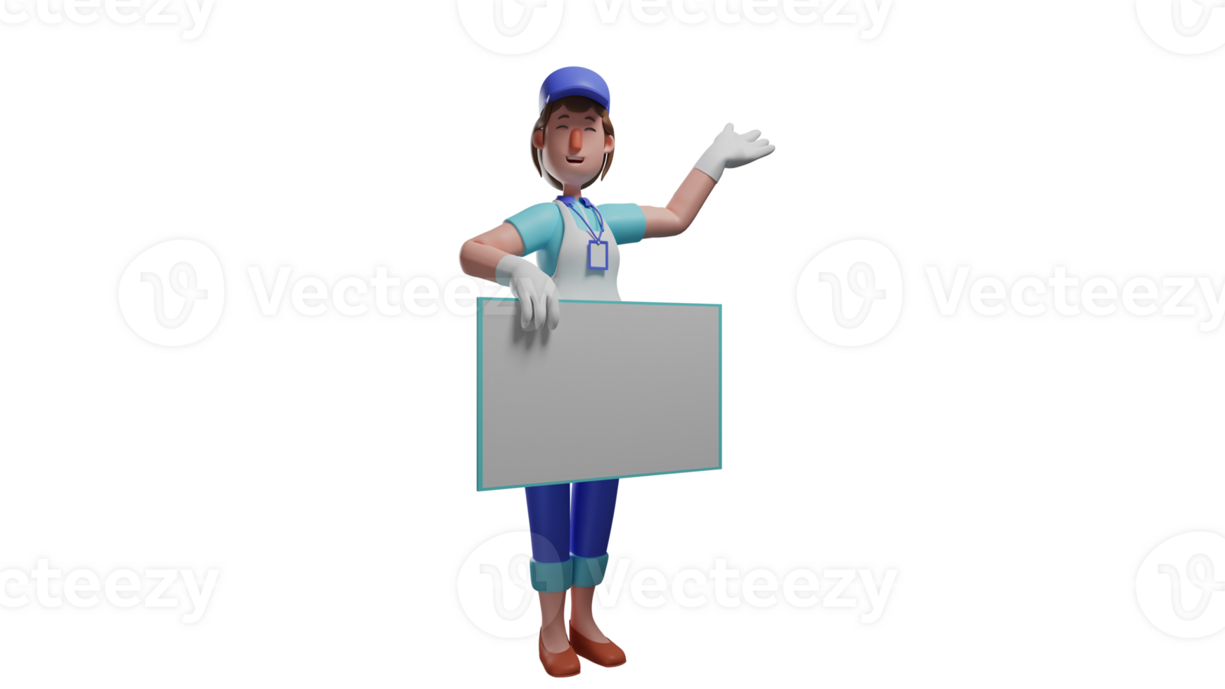 3D illustration. Friendly Waiter 3D cartoon character. The waiter stands while inviting someone to enter the restaurant. Beautiful waitress holding a white board. 3D cartoon character png