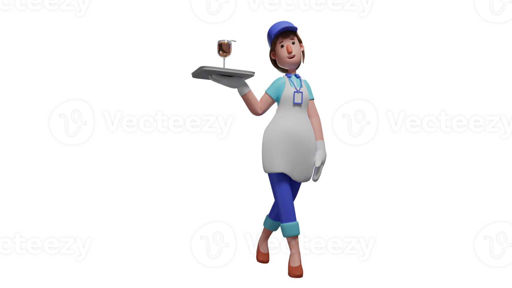 3D illustration. Graceful Waiter 3D cartoon character. The waiter walked around while carrying a tray containing a glass of drink. Waiter with a casual appearance. 3D cartoon character png
