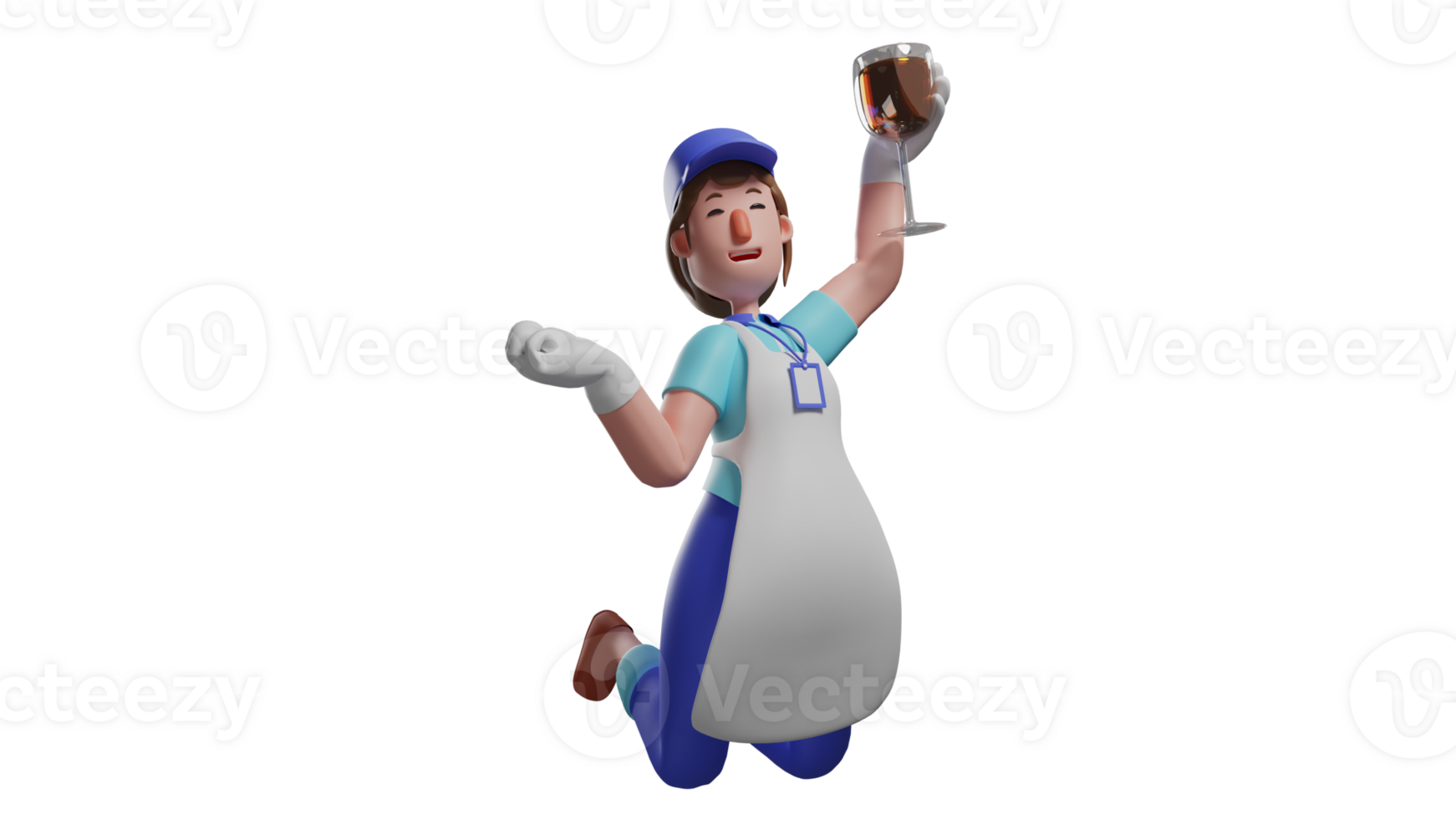 3D illustration. Modern Waiter 3D cartoon character. A young waiter who was carrying out his duties at a party. The waiter enjoys the party and raises a glass of drink. 3D cartoon character png