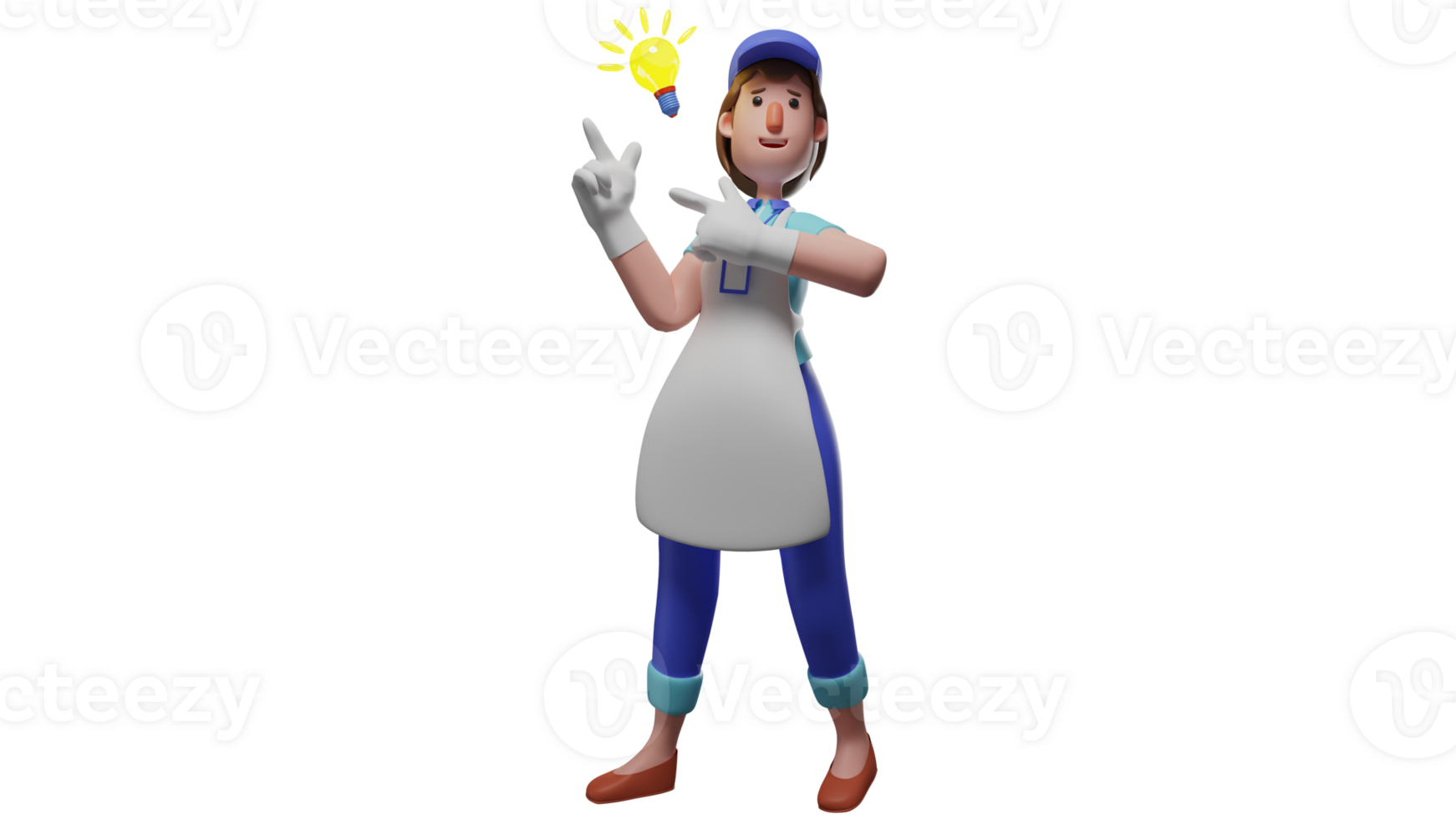 3D illustration. Nutritionist 3D cartoon character. Smart and dedicated nutritionist. Nutrition staff at a company got a brilliant idea. Nutrition staff pointed at the lit bulb. 3D cartoon character png