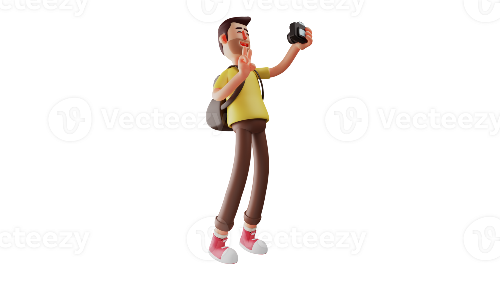 3D illustration. Vlogger 3D cartoon character. Vlogger is recording his activities while walking around tourist attractions. Boy making vlogs using his favorite camera. 3D cartoon character png