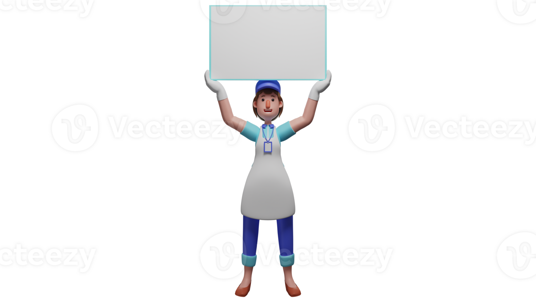 3D illustration. Excited Female Waitress 3D cartoon character. The female servant raised the whiteboard with both hands. The waiter gives an announcement to everyone. 3D cartoon character png