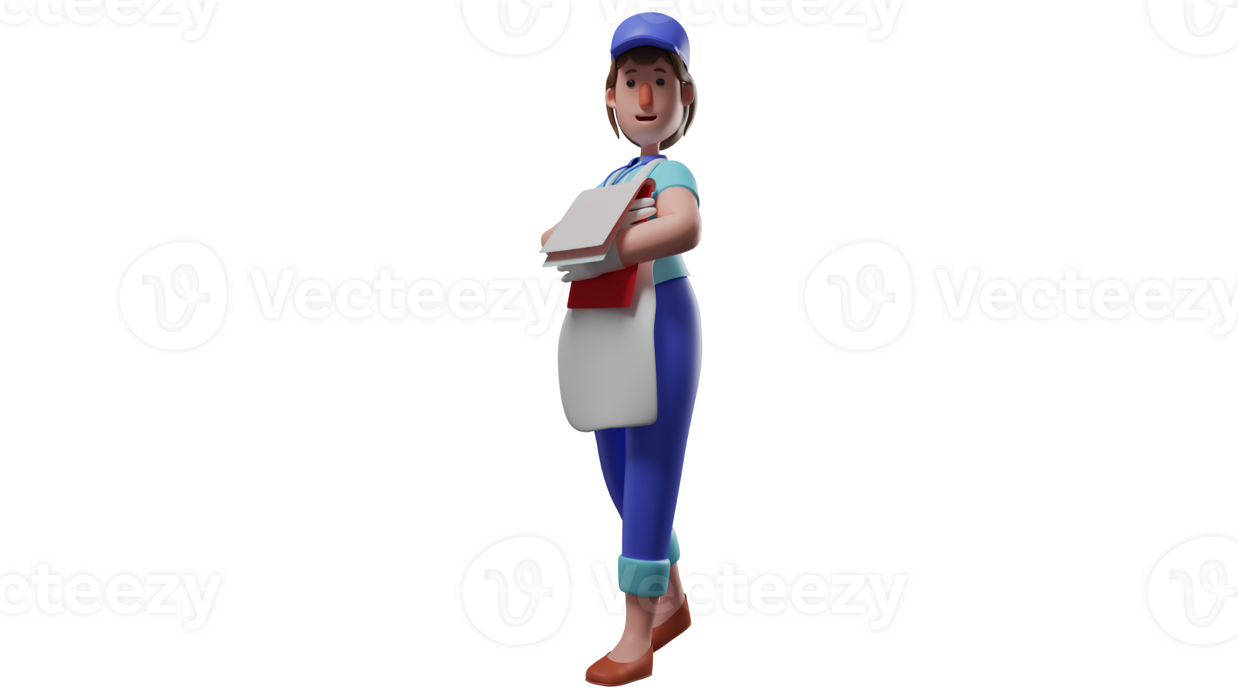 3D illustration. Worker 3D cartoon character. Female worker carrying notebook. Cool worker wear white aprons when going around checking the condition of her workplace. 3D cartoon character png