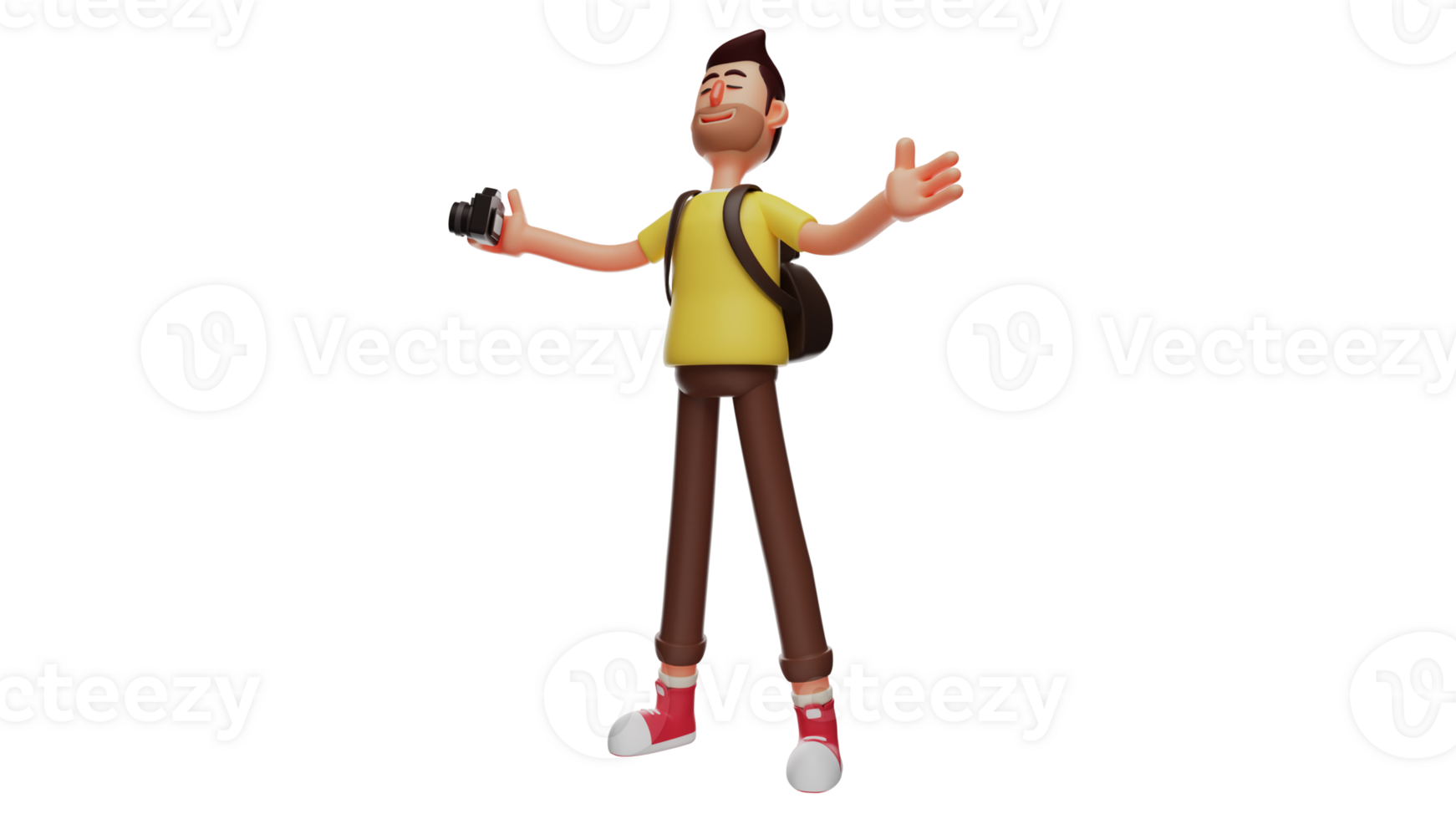 3D illustration. Happy Tourist 3D cartoon character. Handsome tourist with backpack and camera. Tourist stretches out his arms and closes his eyes while enjoying the fresh air. 3D cartoon character png