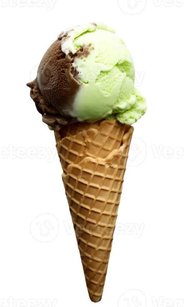 Matcha and chocolate cone ice cream isolated on transparent background png