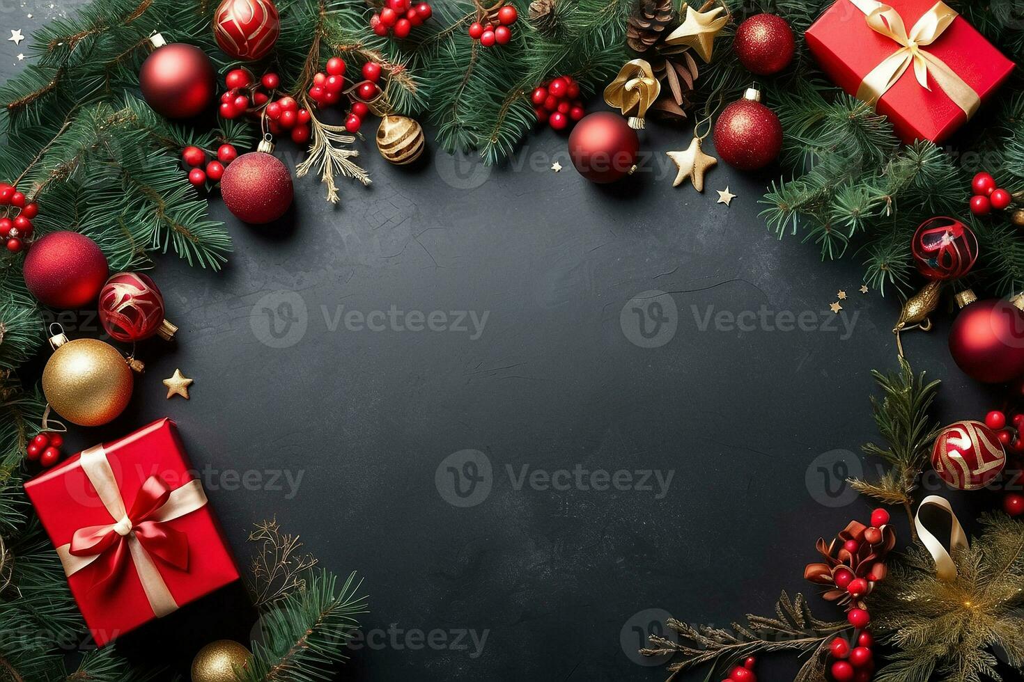 AI generated Christmas deco with fir and baubles on black background. photo