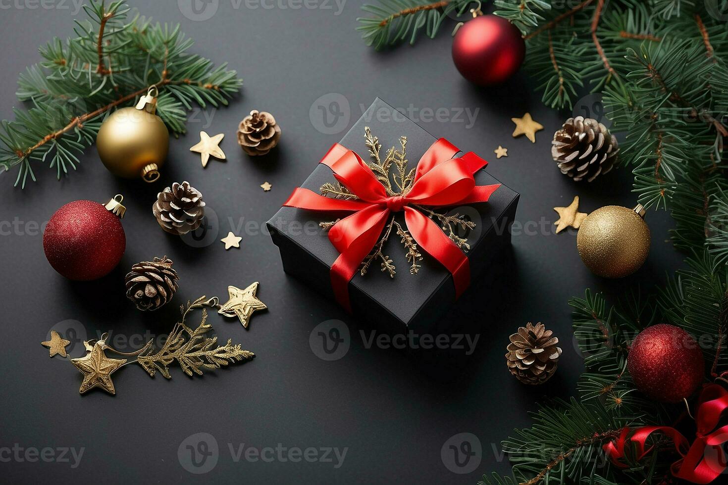 AI generated Christmas deco with fir and baubles on black background. photo