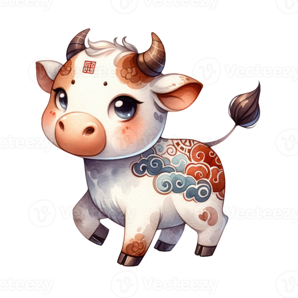 AI generated Chinese Zodiac Ox , Watercolor Art in Chinese Style. png