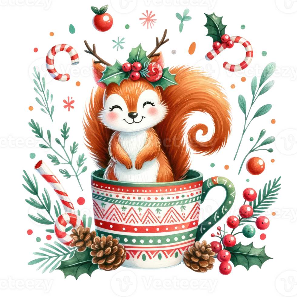 ai generiert süß Eichhörnchen im festlich Weihnachten Becher mit Süßigkeiten und Stechpalme png