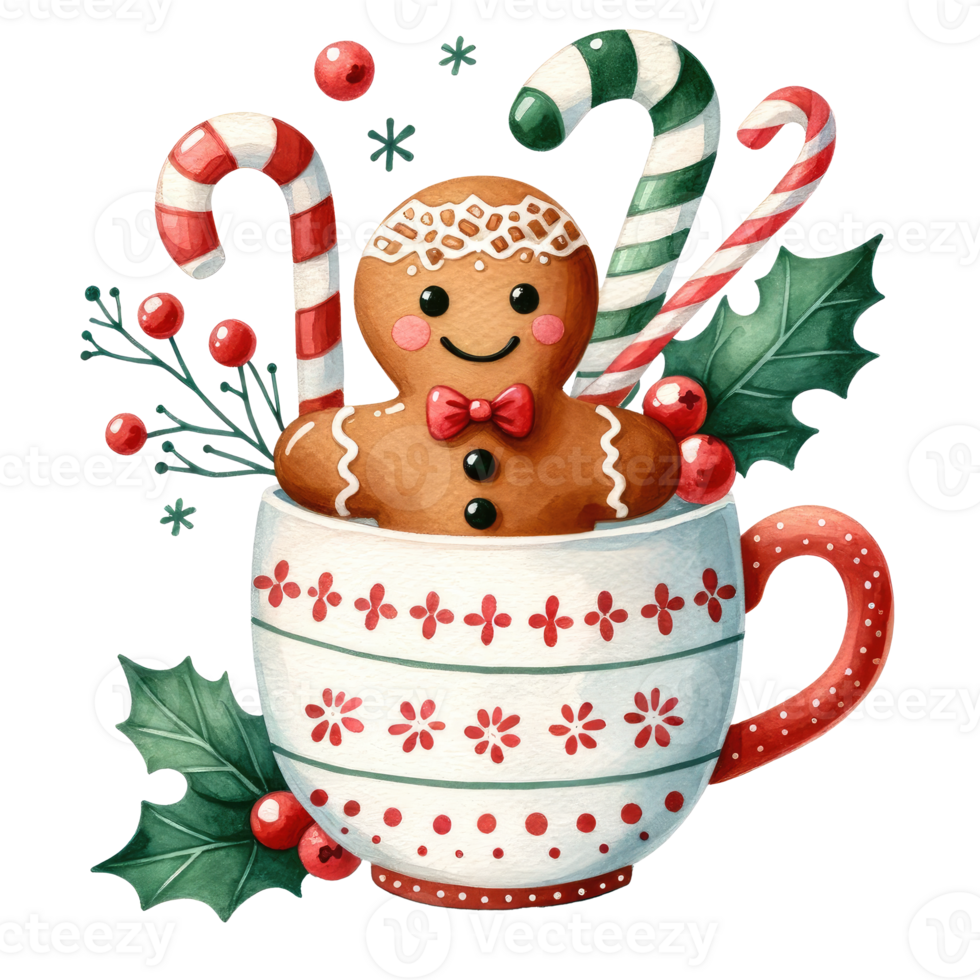 AI generated Cute Gingerbread in Festive Christmas Mug with Candy and Holly 35565044 PNG