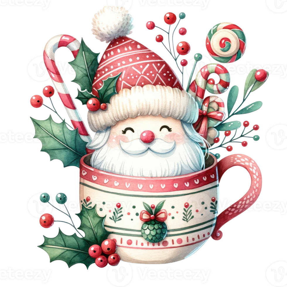 AI generated Cute Santa in Festive Christmas Mug with Candy and Holly 35565053 PNG