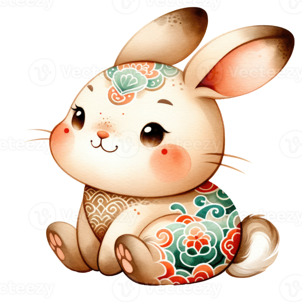 AI generated Chinese Zodiac Rabbit , Watercolor Art in Chinese Style png