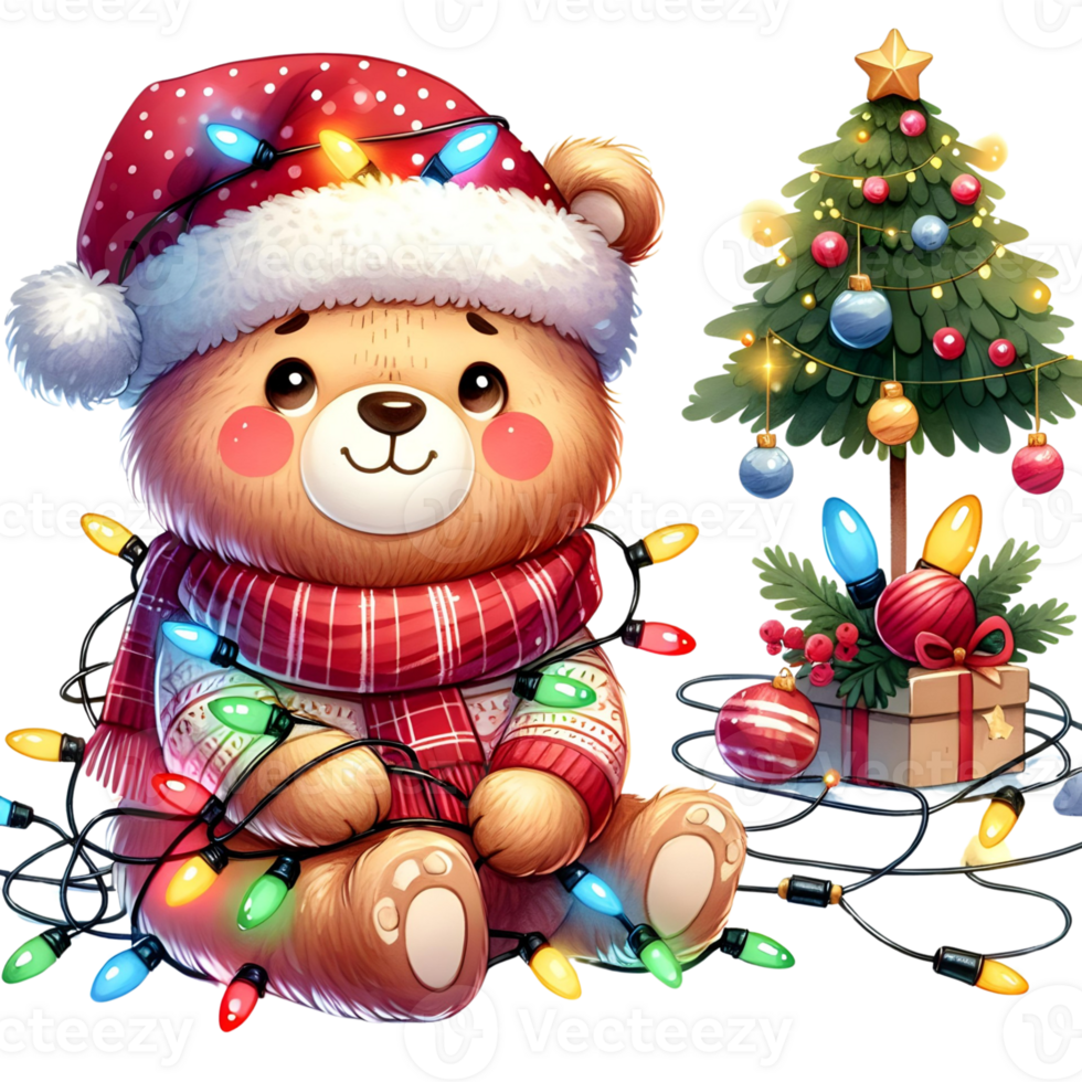 AI generated Cute Animals wearing santa hat and scarf and Christmas Lights png