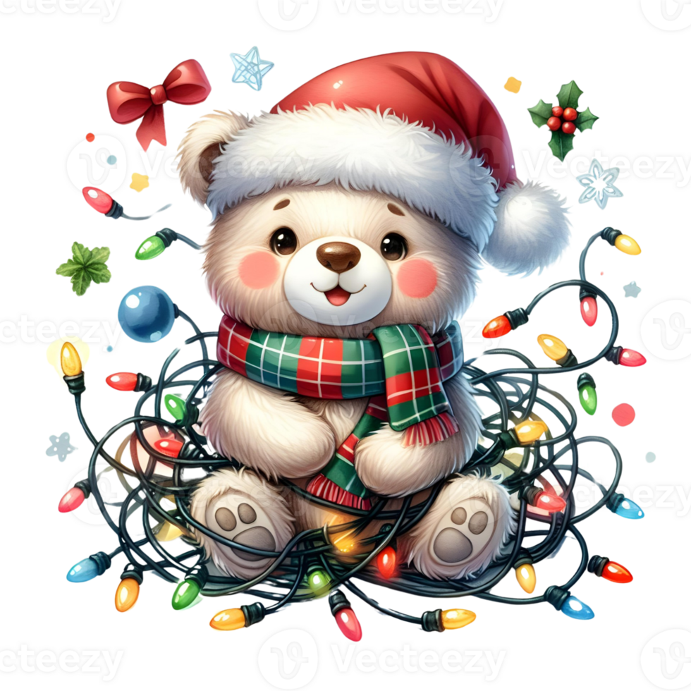 AI generated Cute Bear wearing santa hat and scarf and Christmas Lights png