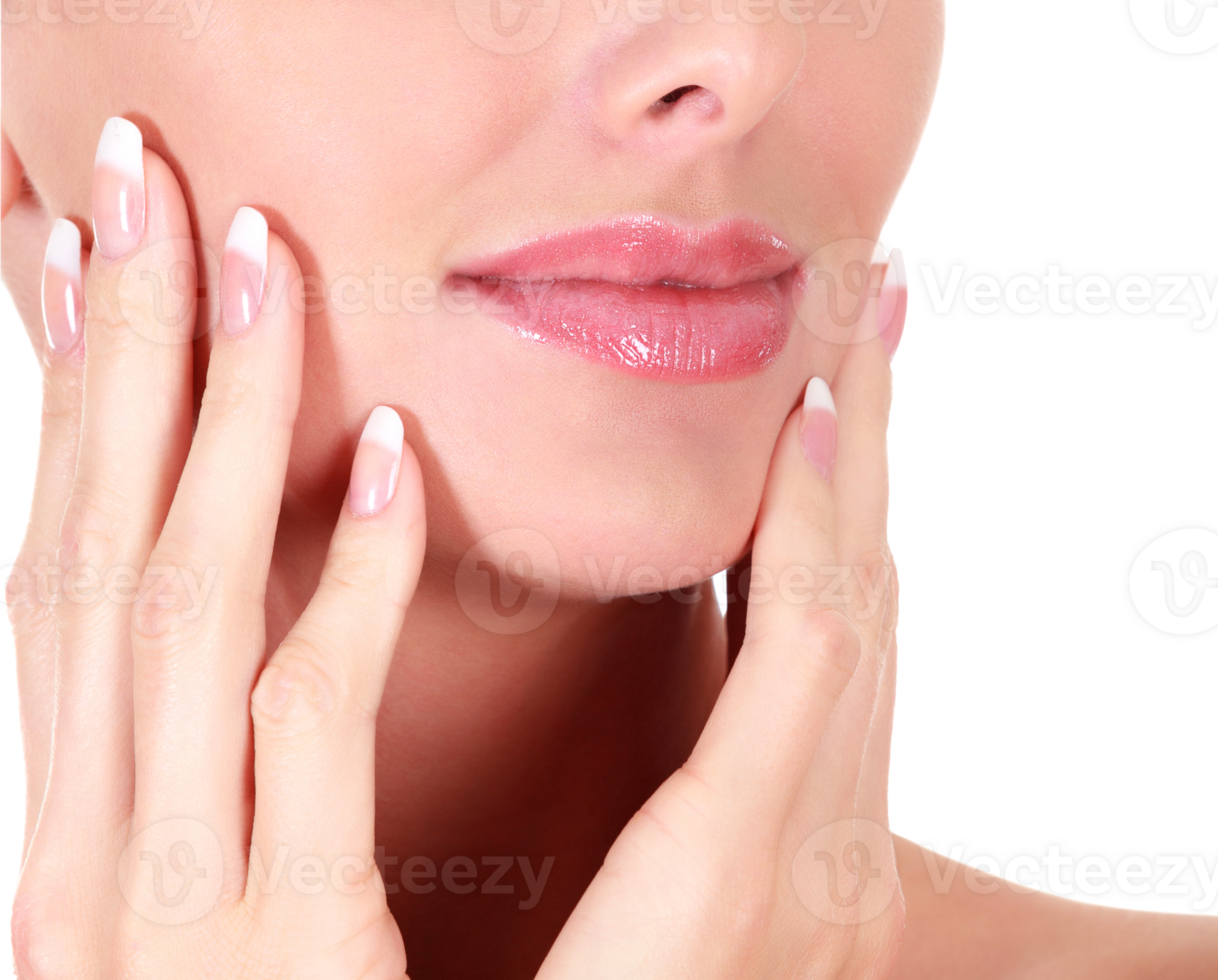 Closeup shot of woman's face and long fingers with french manicured nails, isolated png