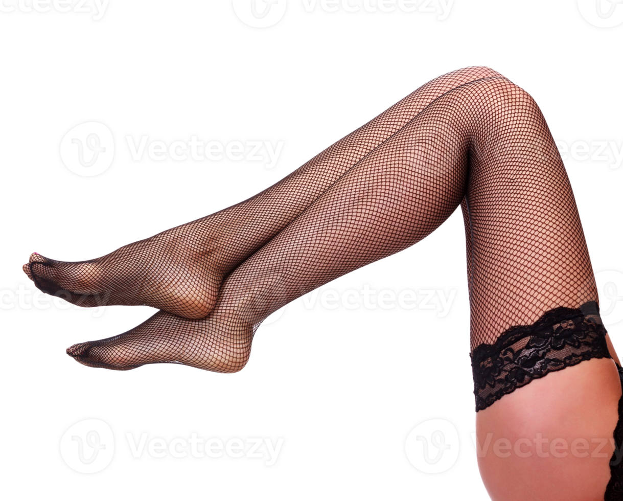 Beautiful long woman's legs in black net pantyhose, isolated png