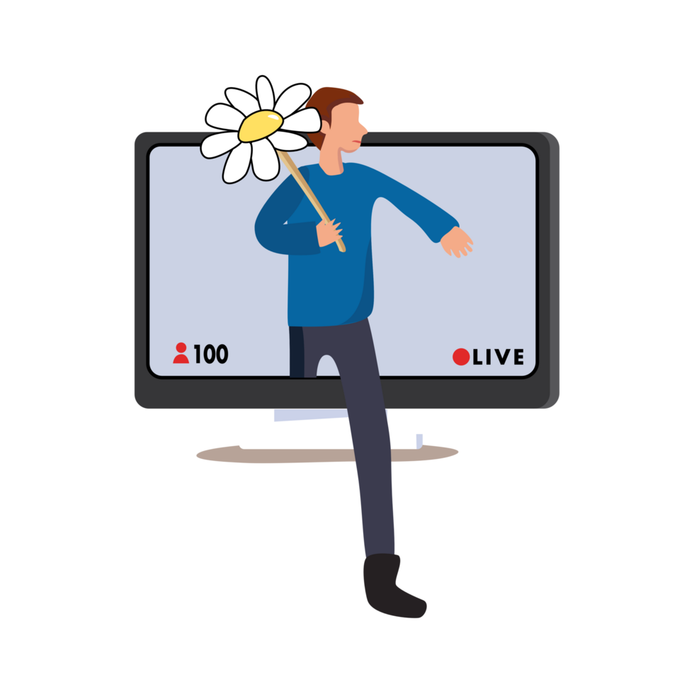 Male holding a white flower in his hands. A young man is live streaming with computer. png