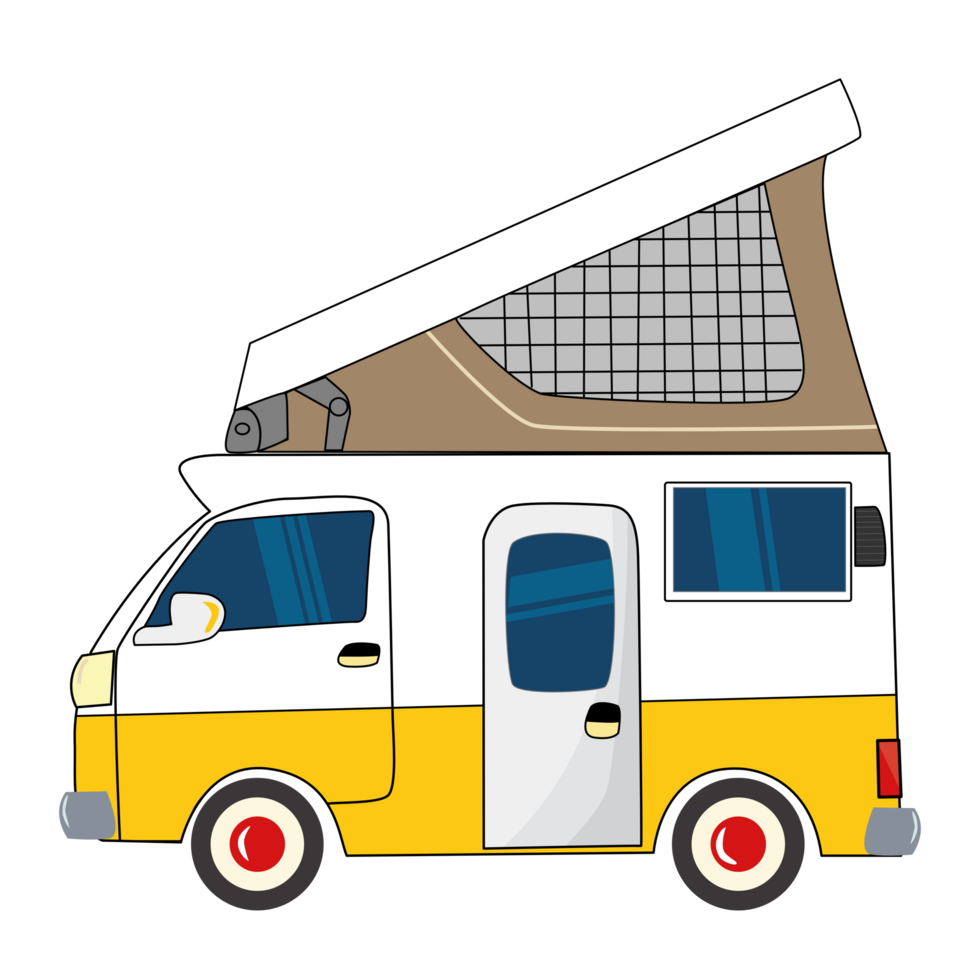 Yellow Camping vehicles. Camper van, travel car. Summer holiday campervan, recreational vehicle. png