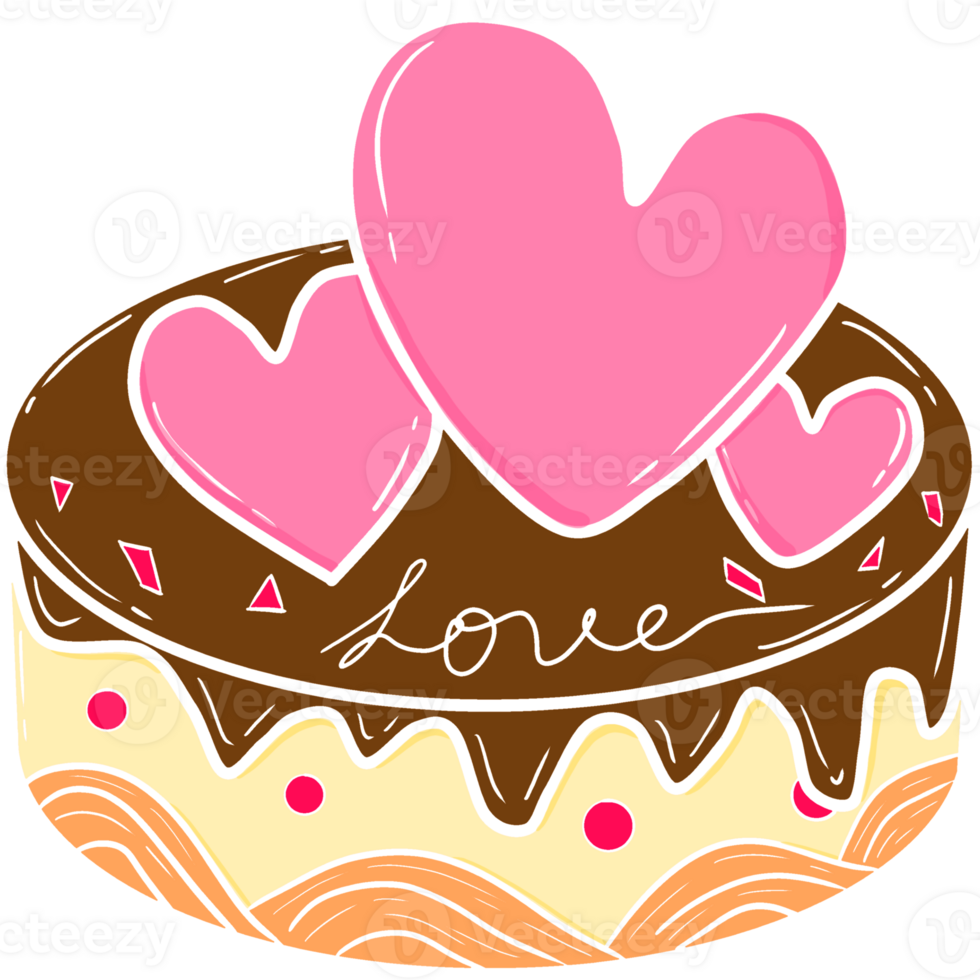 Valentine's Day chocolate cake decorated with heart-shaped toppings and the word love png