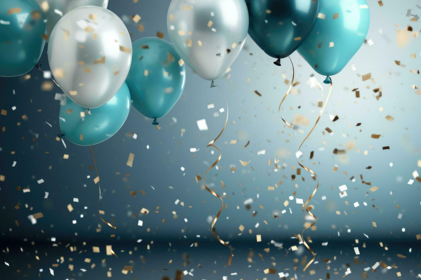 AI generated Blue balloons with confetti and ribbons flying in the air. 3D Rendering, 3D realistic air balloons alongside sparkling glitter confetti elements, AI Generated photo