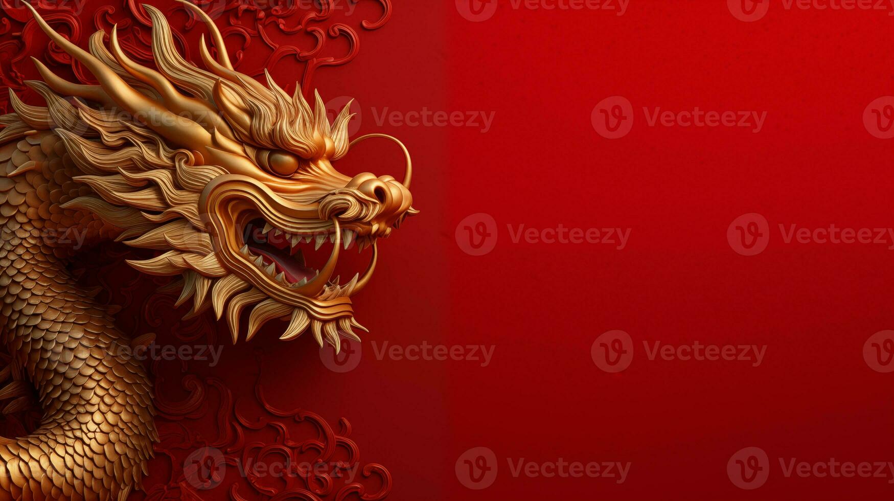 AI generated Golden Chinese Dragon on Red Background ,Traditional New Year Symbol photo