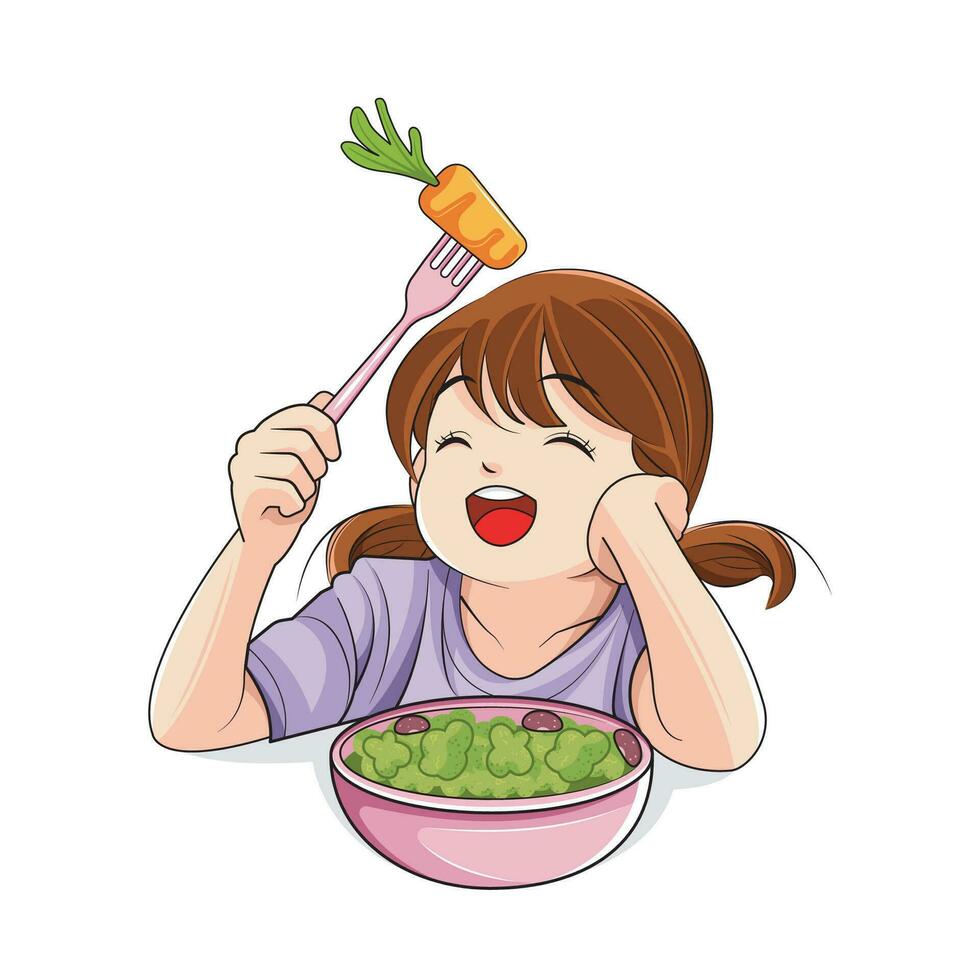 sano alimento. linda pequeño niña ama a comer vegetales. vector ilustración