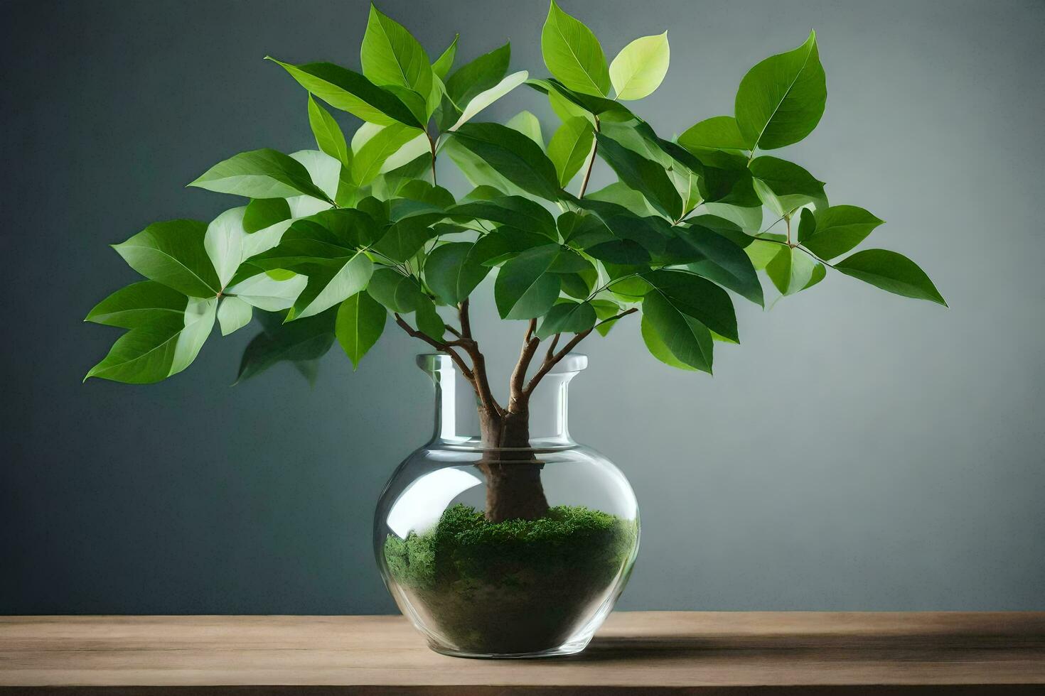 AI generated a potted plant in a glass vase on a table photo
