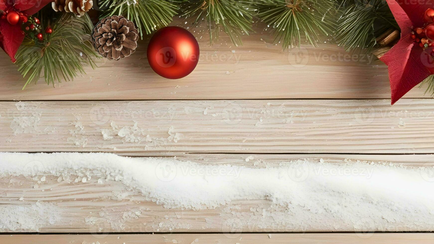 ai generado Navidad antecedentes con abeto sucursales, rojo pelotas, pino cono y nieve decorado en de madera tablero. Navidad y nuevo año tema foto