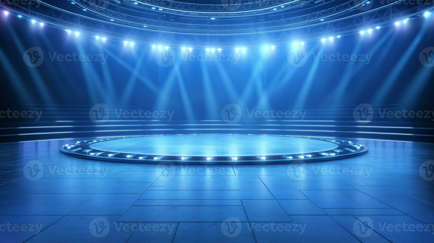 AI generated Circular stage with vibrant blue lights and reflective surface, creating ambiance for performances photo