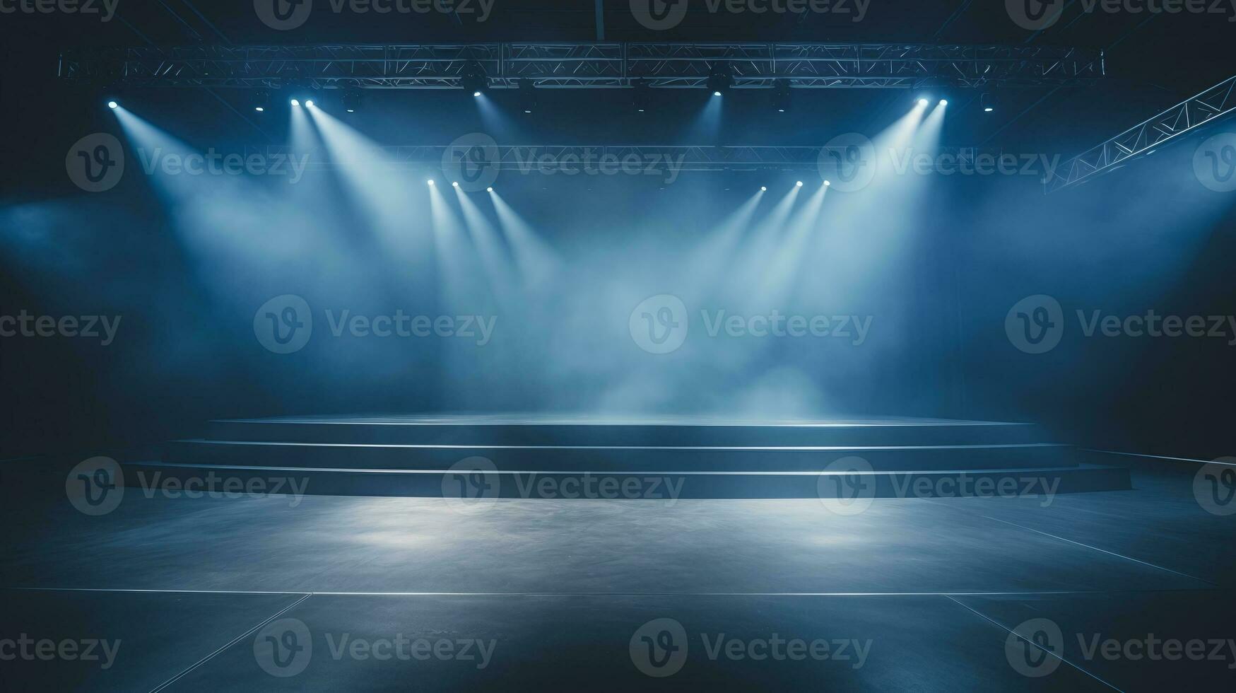 AI generated Blue lit stage with smoke and spotlights, perfect for theatre, performance, and event backdrops photo