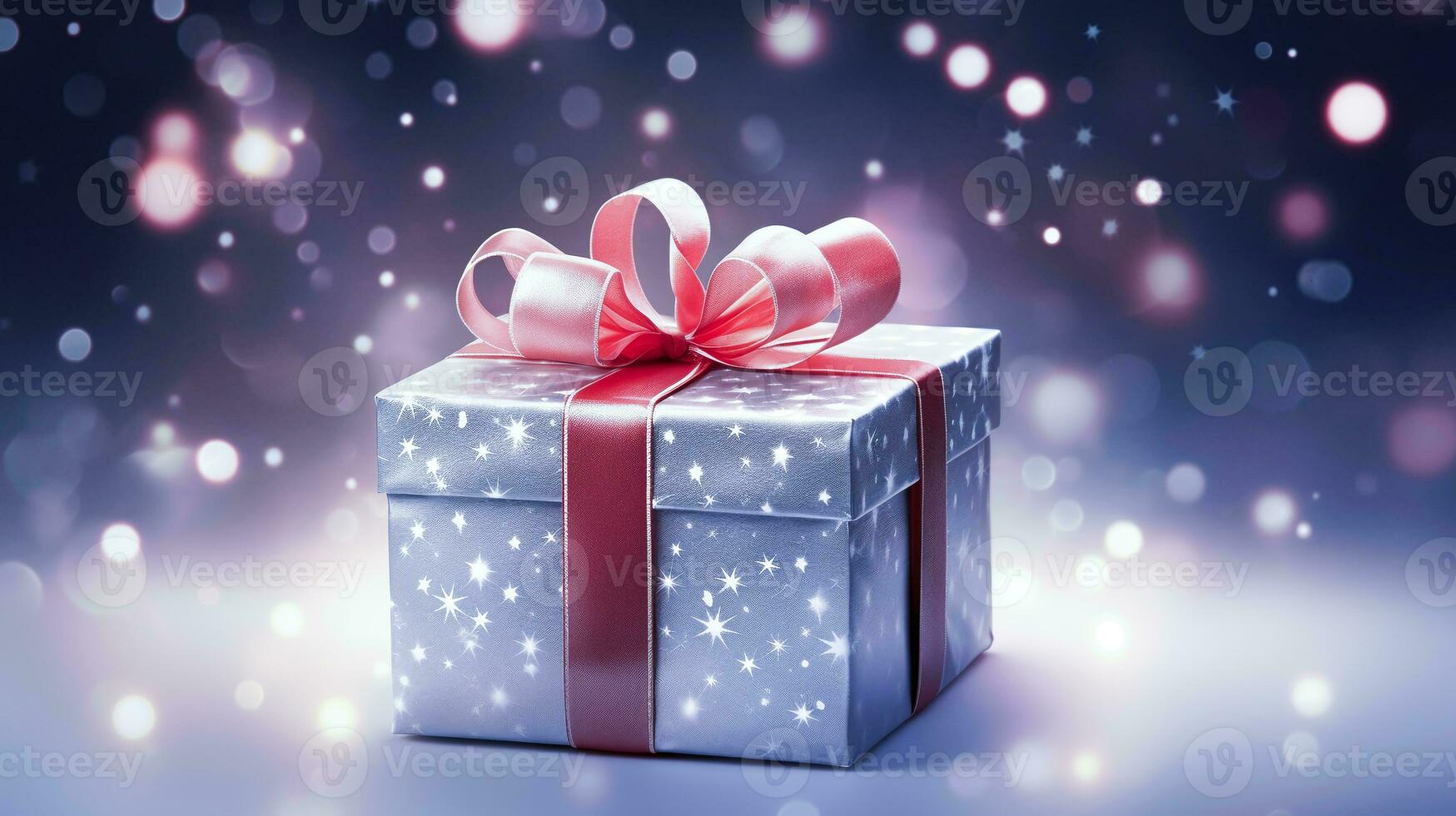AI generated Shiny silver gift box with pink bow, stars pattern, and magical bokeh - festive celebration background photo