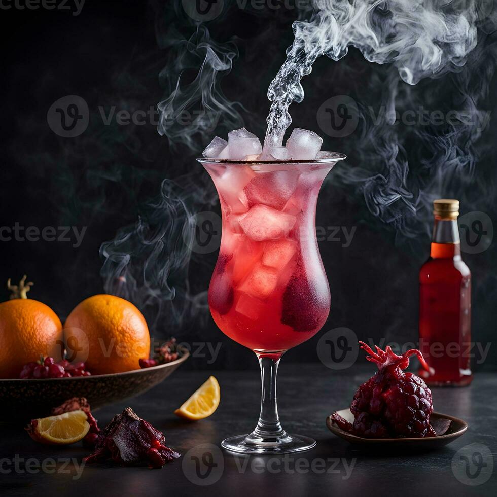 AI generated Dragon's Breath Elixir, A mesmerizing drink featuring a smoky effect created with dry ice photo
