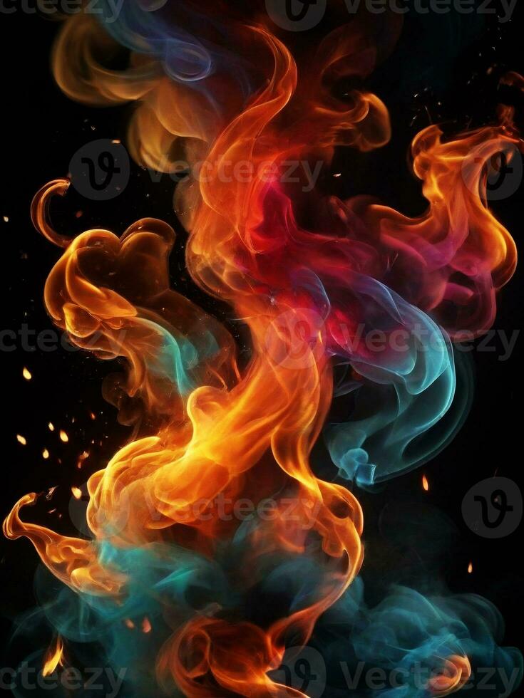 AI generated Abstact style multicolored smoke blooms dark background. ai generative photo