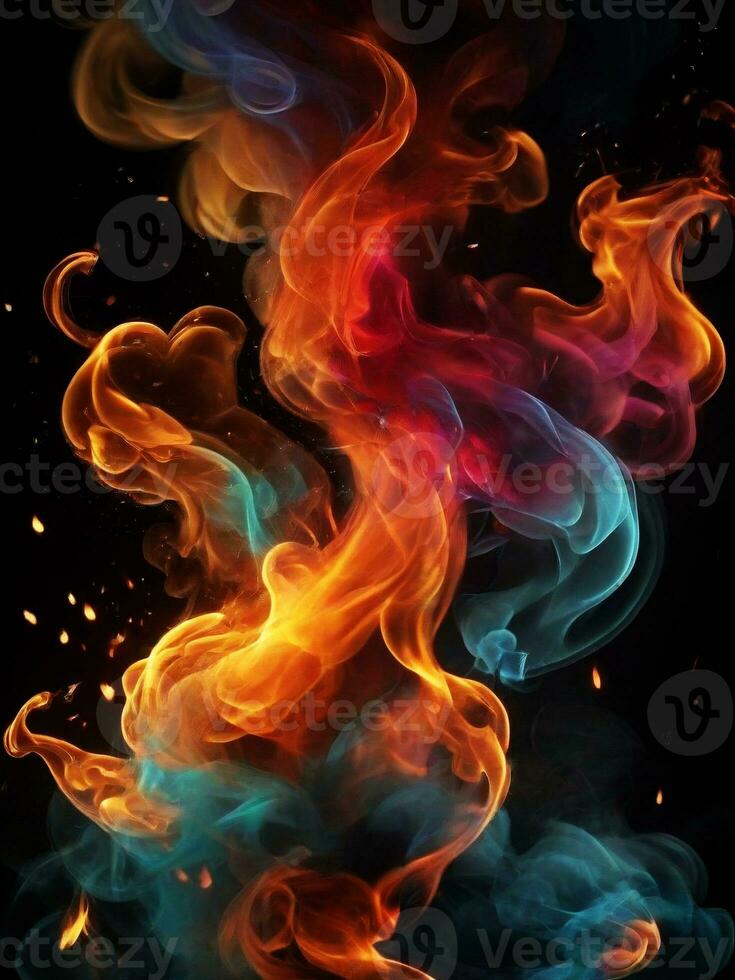 AI generated Abstact style multicolored smoke blooms dark background. ai generative photo