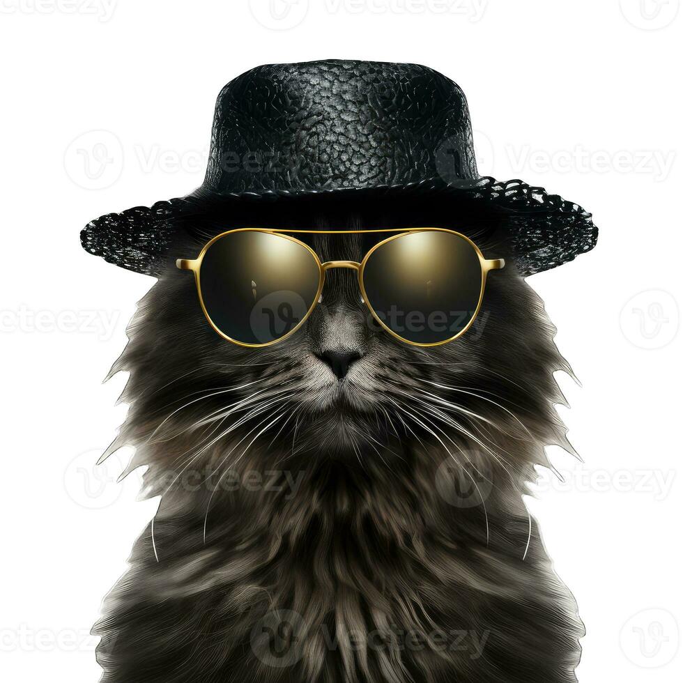 AI generated Funny black cat with sunglasses and cap isolated on white background. photo