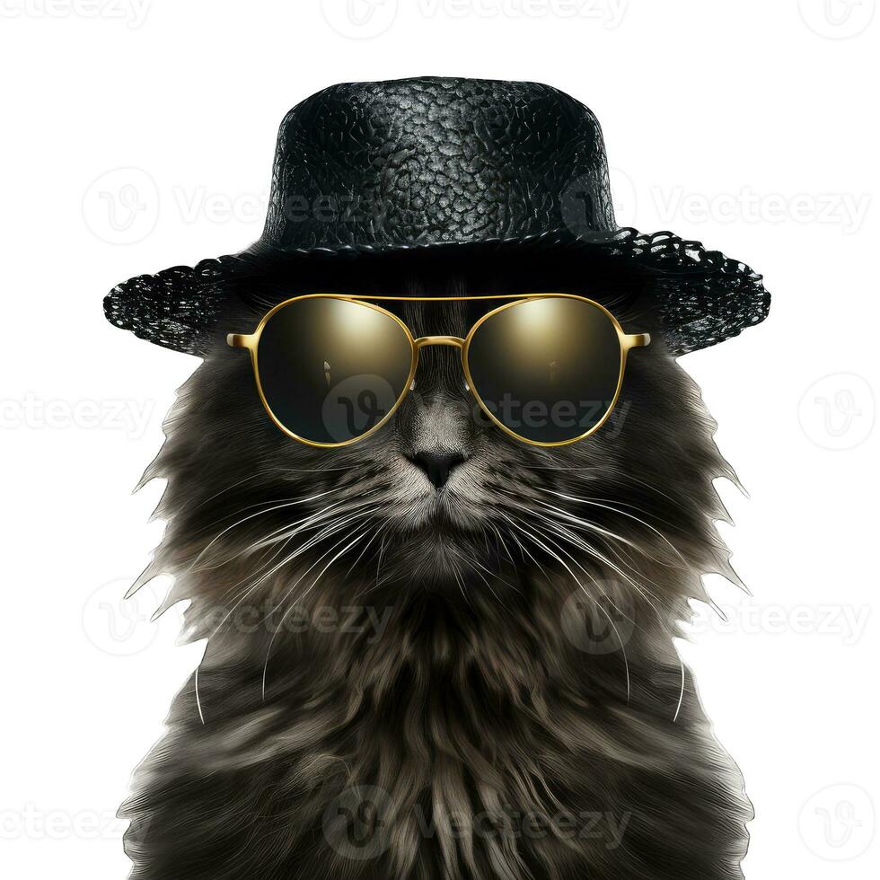 ai generado gracioso negro gato con Gafas de sol y gorra aislado en blanco antecedentes. foto