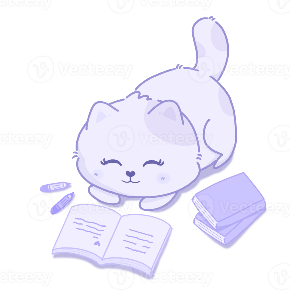 Cute cat cartoon reading a book concept hobby illustration png