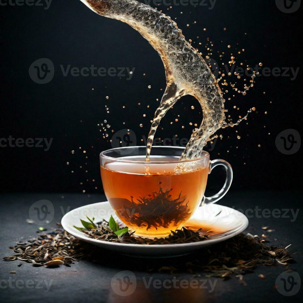 ai generado foto salpicaduras de té en taza aislado en oscuro antecedentes. ai generativo