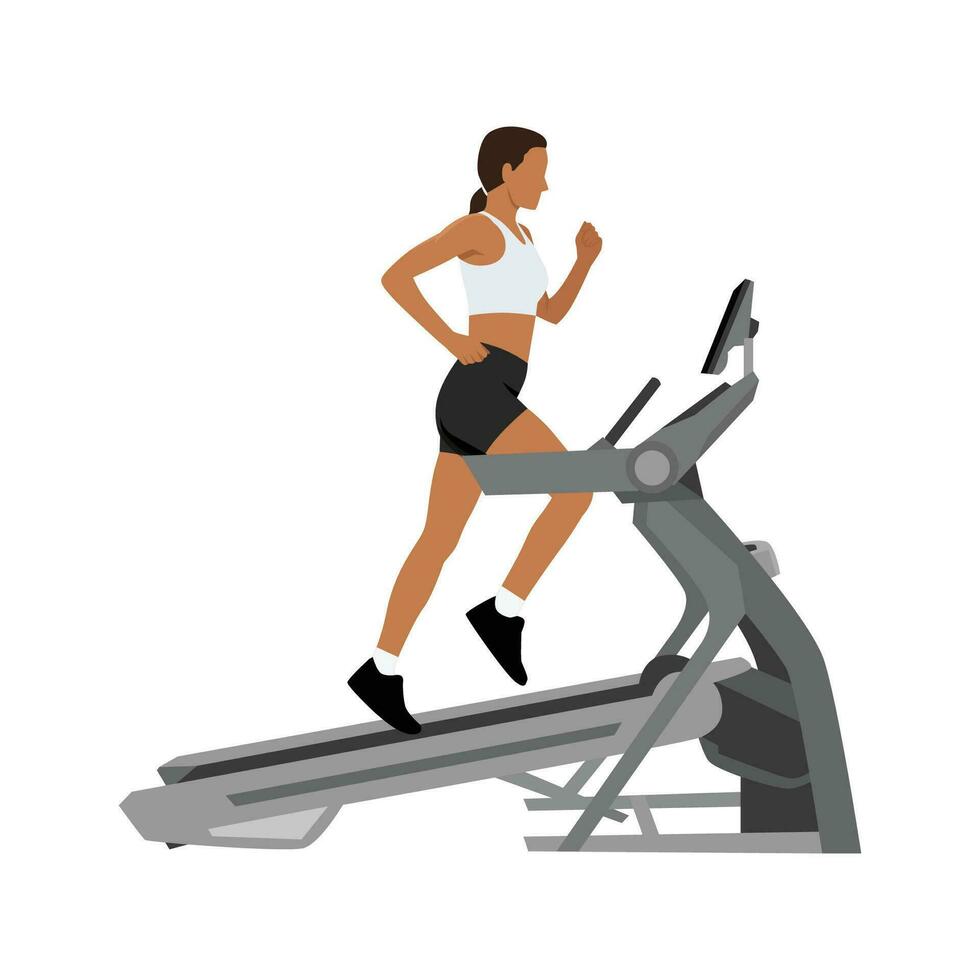 mujer corriendo en inclinación rueda de andar. cardio en gimnasio ejercicio. vector