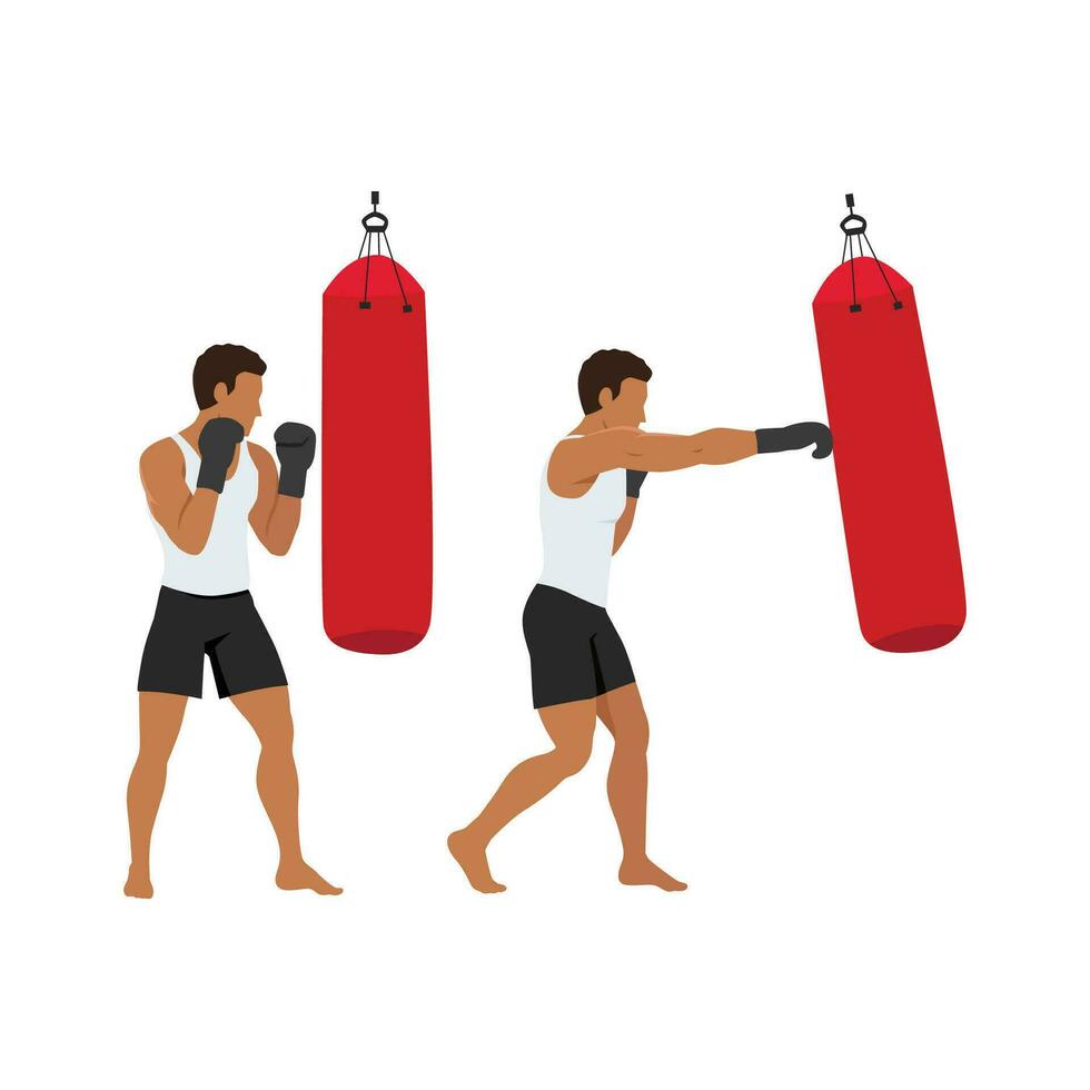 Man doing right hand cross on the sandbag exercise. Training boxing. vector