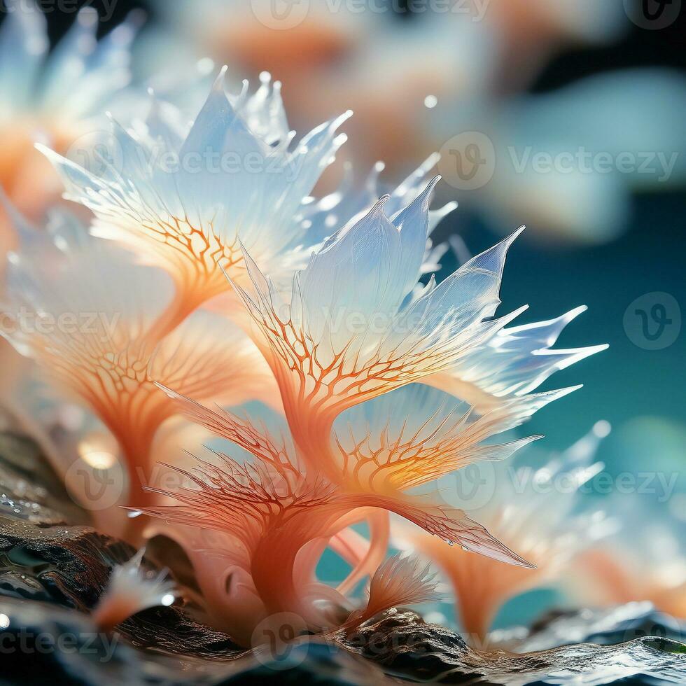 AI generated a species of underwater creatures that have crystalized exoskeletons, reflecting the ambient light in mesmerizing patterns. ai generative photo