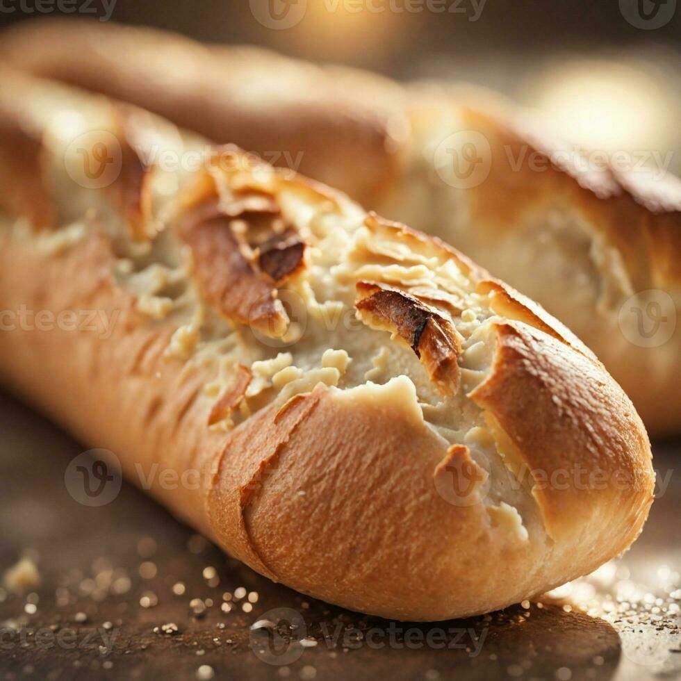 AI generated Close up of a baguette, foreground sharp with bokeh backgroud. ai generative photo