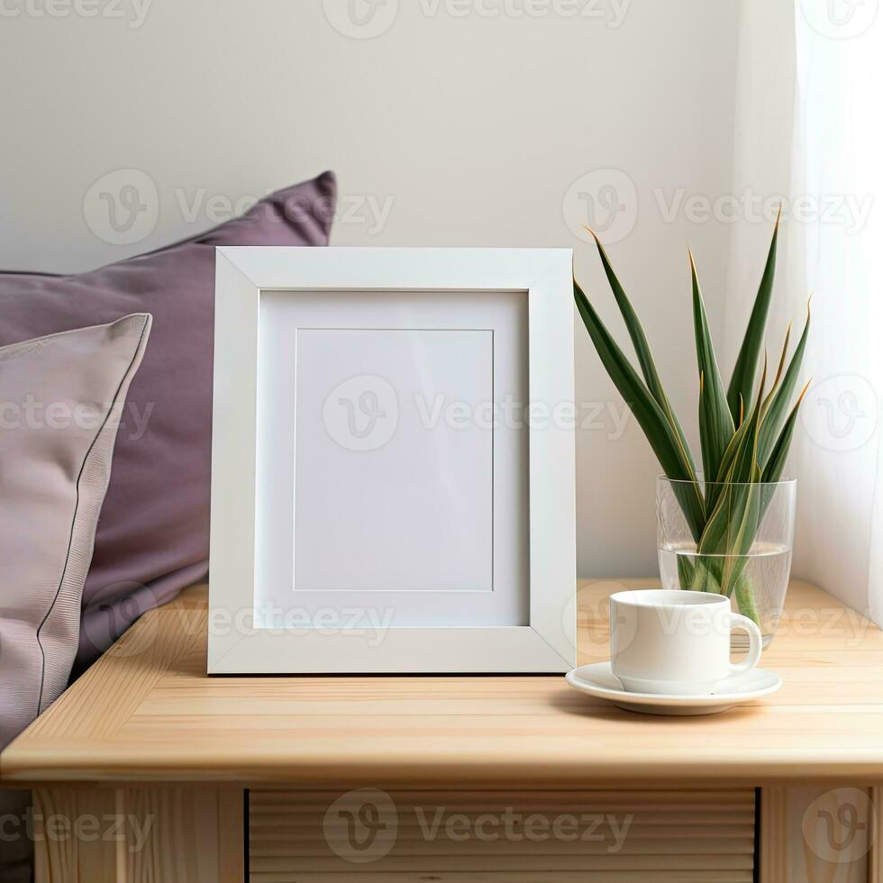 AI generated White photo frame mockup on a wooden table with flowers in a cozy room