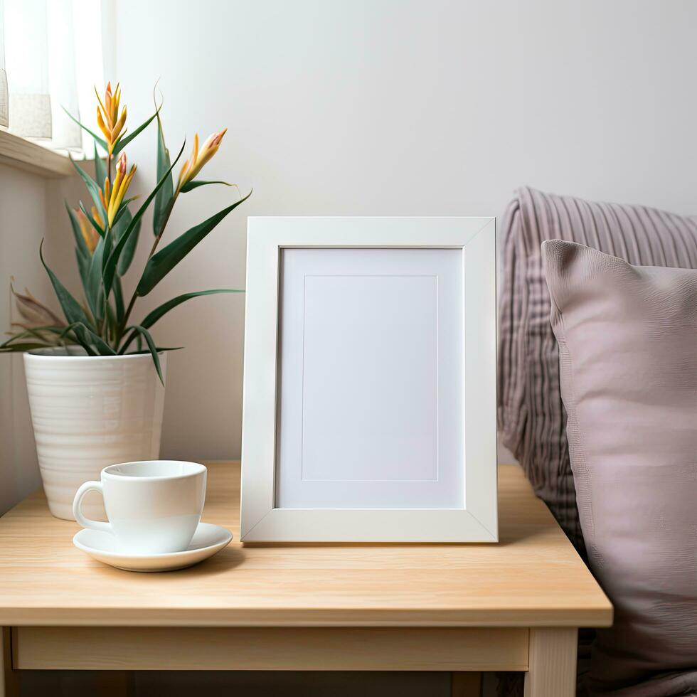 ai generado blanco foto marco Bosquejo en un de madera mesa con flores en un acogedor habitación