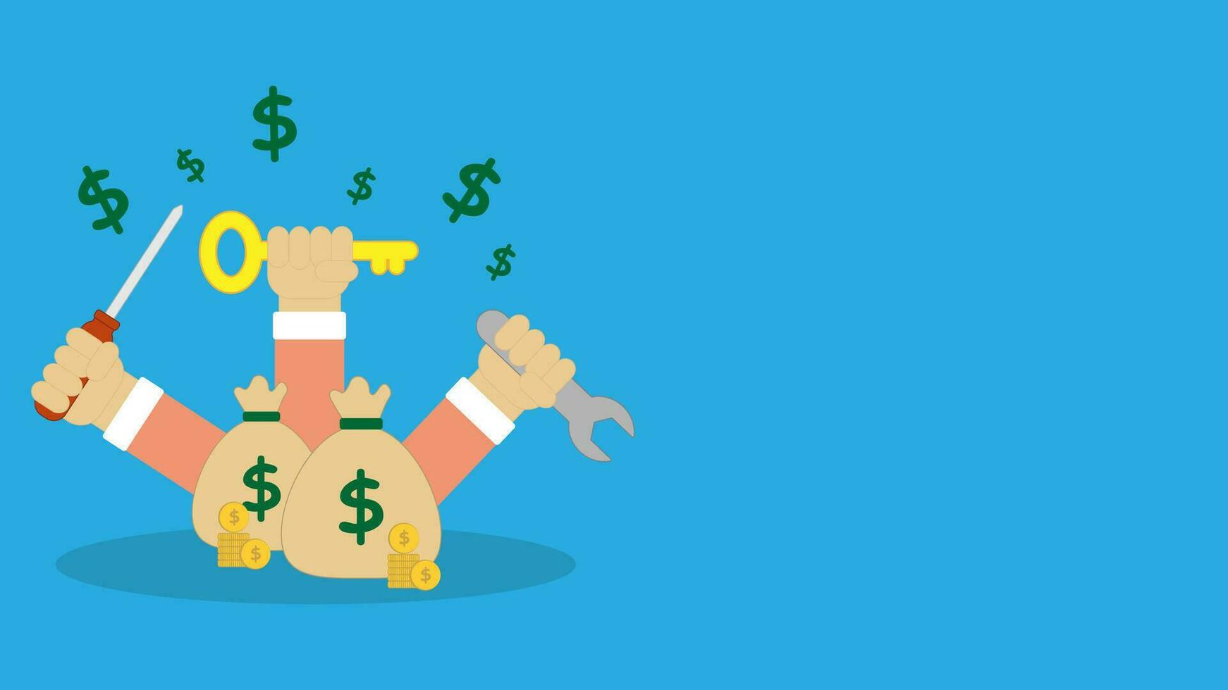 Financial Solutions. Depicted with a dollar bag, a pile of gold coins, a hand holding a screwdriver, wrench and key vector