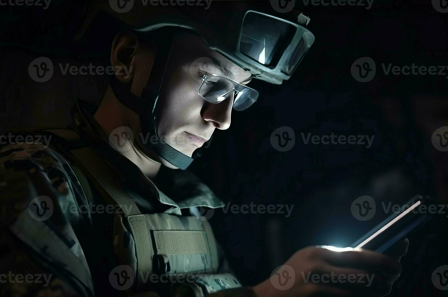 AI generated Soldier analyze data. Generate AI photo