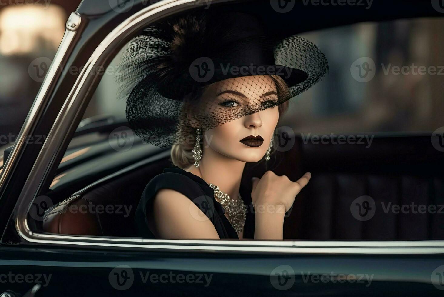 AI generated Retro black dressed woman in vintage car. Generate ai photo